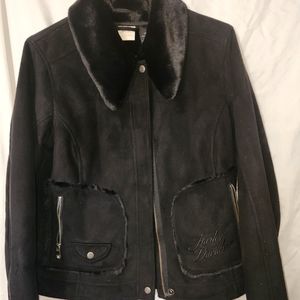 Harley Davidson Black Soft Suede Embroidered Fur Studded Jacket Women Medium